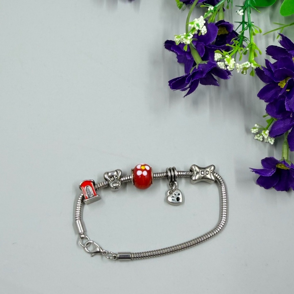 Sterling Silver Plated Vintage Puppy Dog Red Charm Bracelet